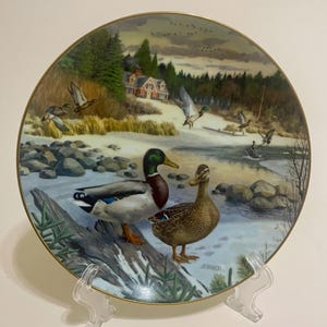 May include: A porcelain collector's plate featuring a winter scene with a pair of ducks on a log, a red house in the background, and a snowy river. The plate is decorated with a gold rim and the artist's signature "JERNER".