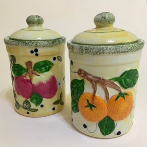 Canister Set Farmhouse Apples and Oranges Porcelain with Lids 7&quot;T x 4 3/8&quot;W