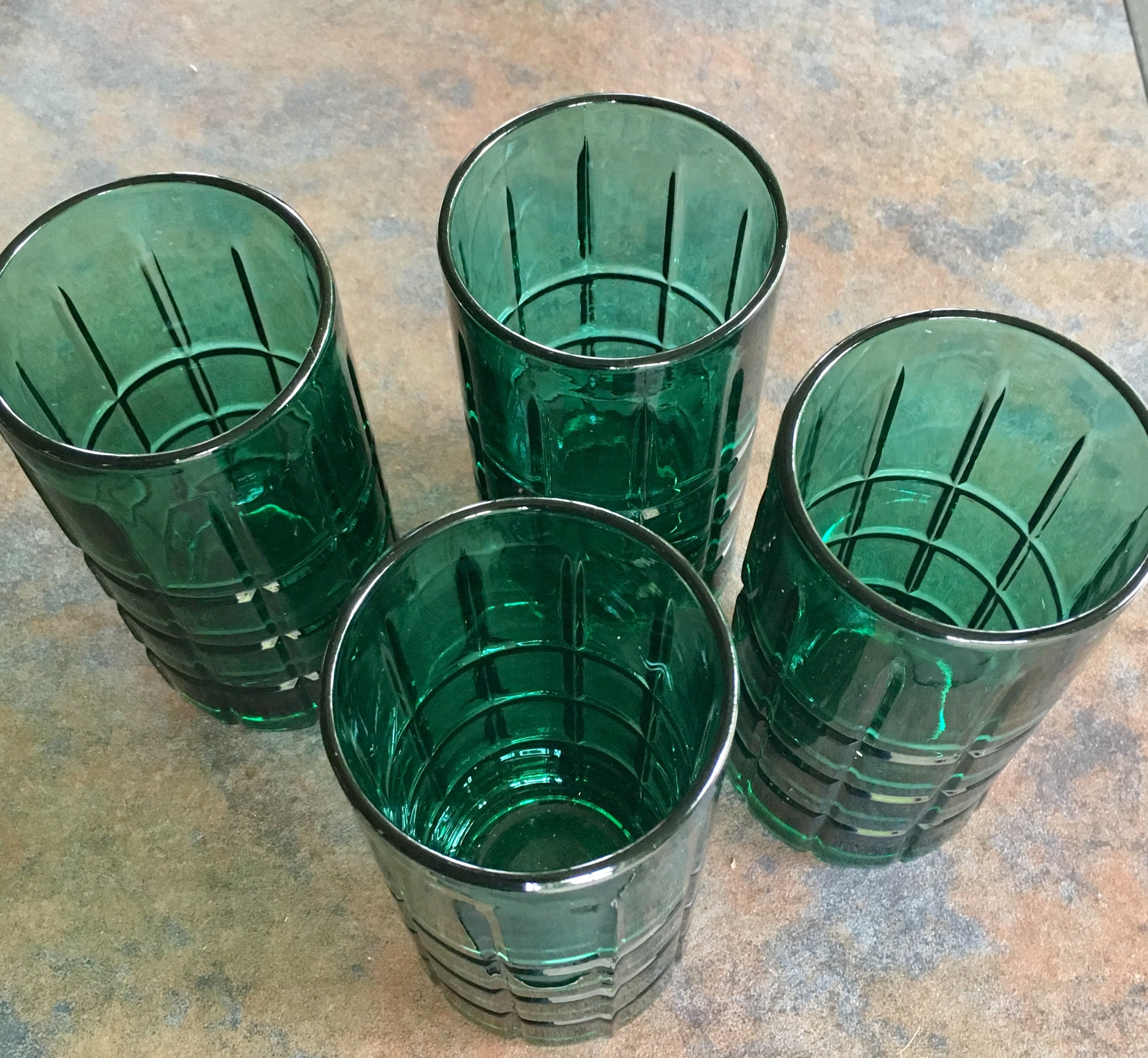 Vintage Anchor Hocking Tartan Emerald Forest Green Optic 16 Oz Drinking Glasses