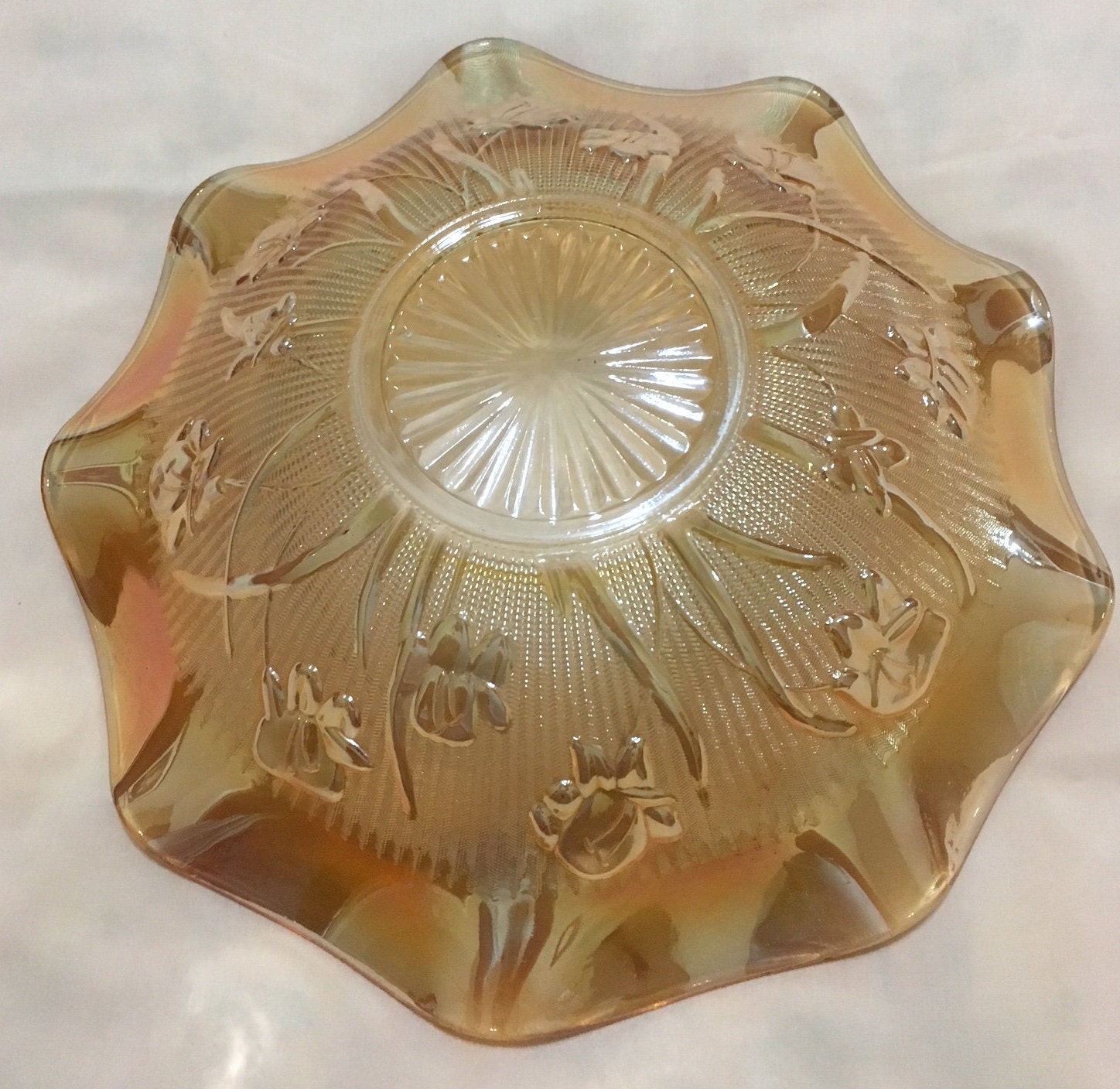 Carnival Glass Marigold Iris pattern Bowl, Scalloped Edge