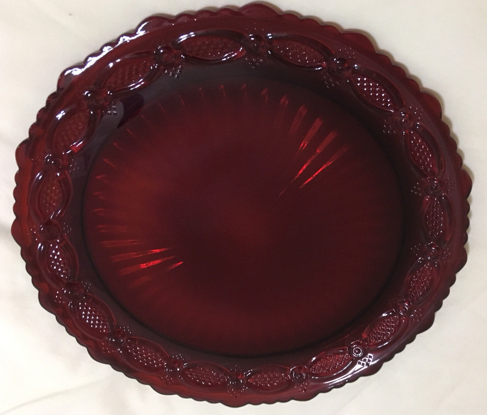 New in Box, Avon 1876 Cape Cod Collection Dinner Plate, Ruby Red 10 3/4”