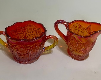 Sunset Red Heirloom Carnival Glass Cream and Sugar set Indiana Glass 1970s