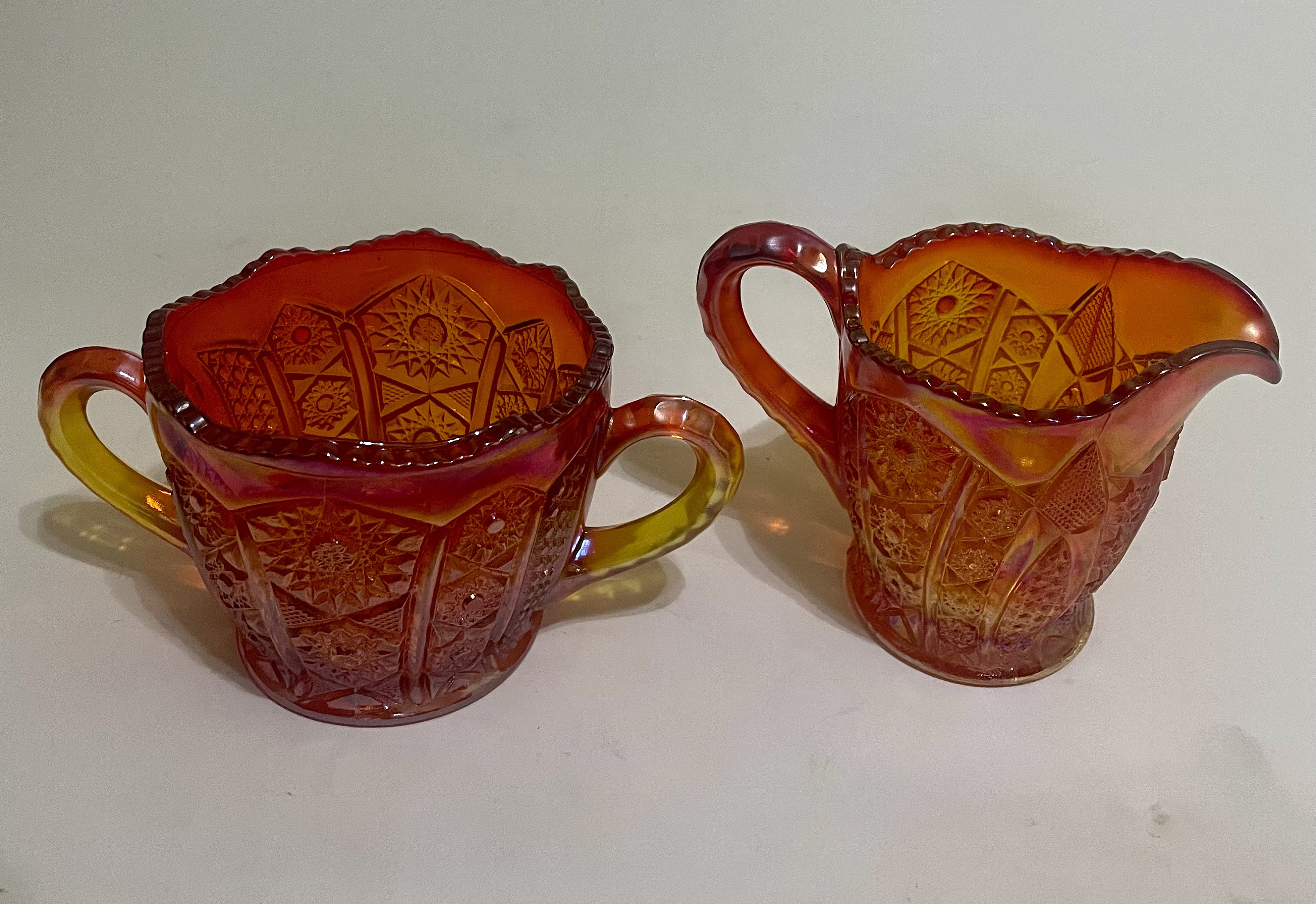 Sunset Red Heirloom Carnival Glass Cream and Sugar set Indiana Glass 1970s