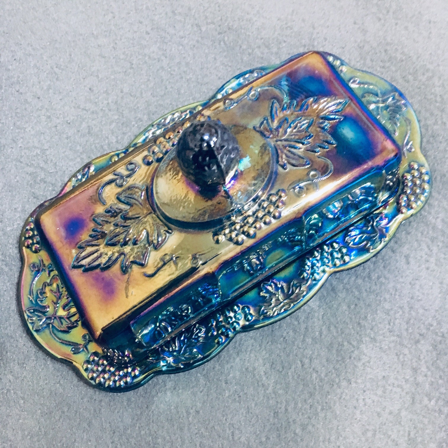 Vintage Indiana Glass Blue Harvest Grape Carnival Glass Butter Dish