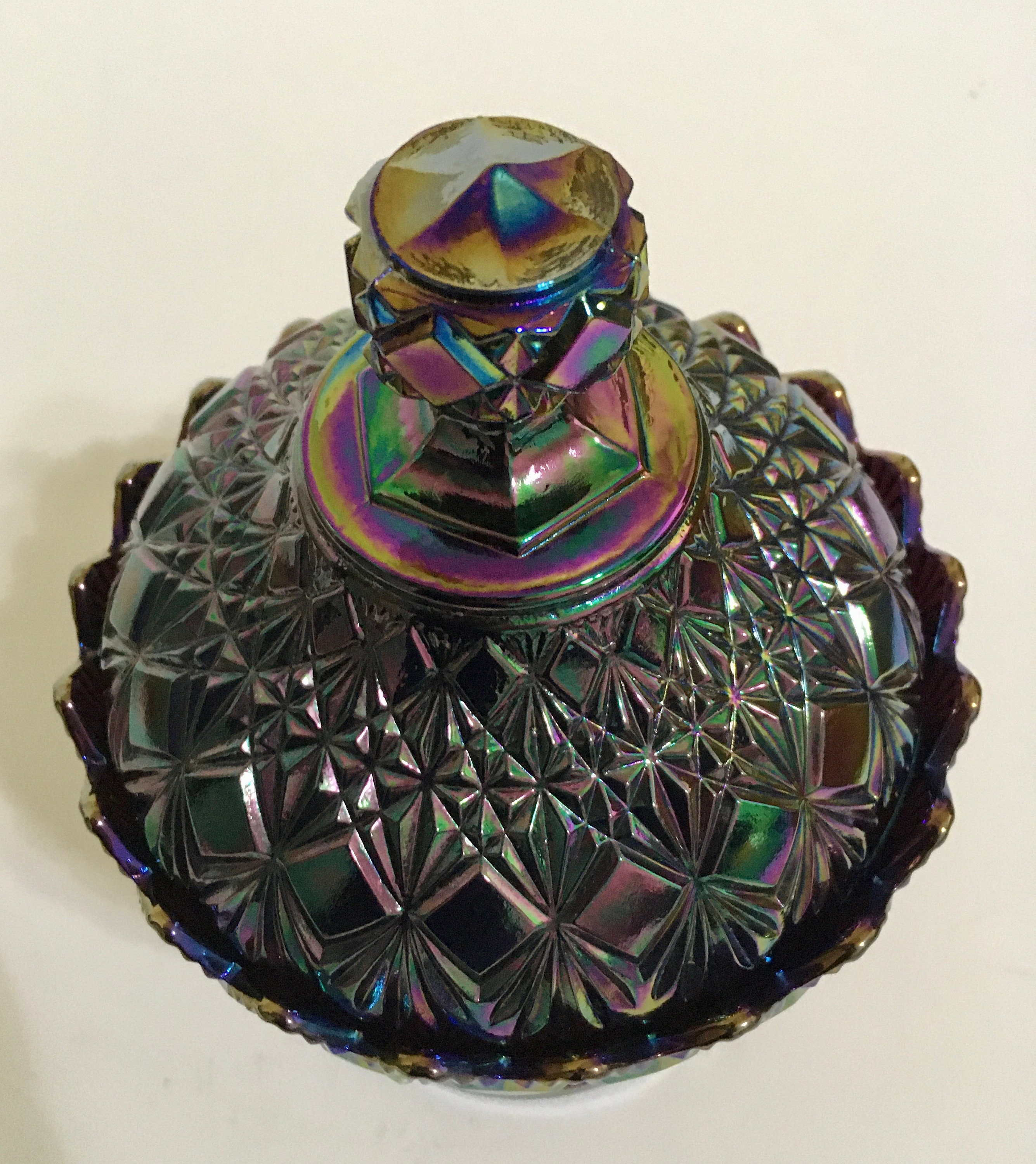 Olde Virginia Glass Amethyst Carnival Glass Candy Dish with Lid