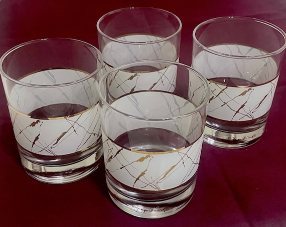 Georges Briard Double Old Fashion Glass White and Gold Streaks Set of Four