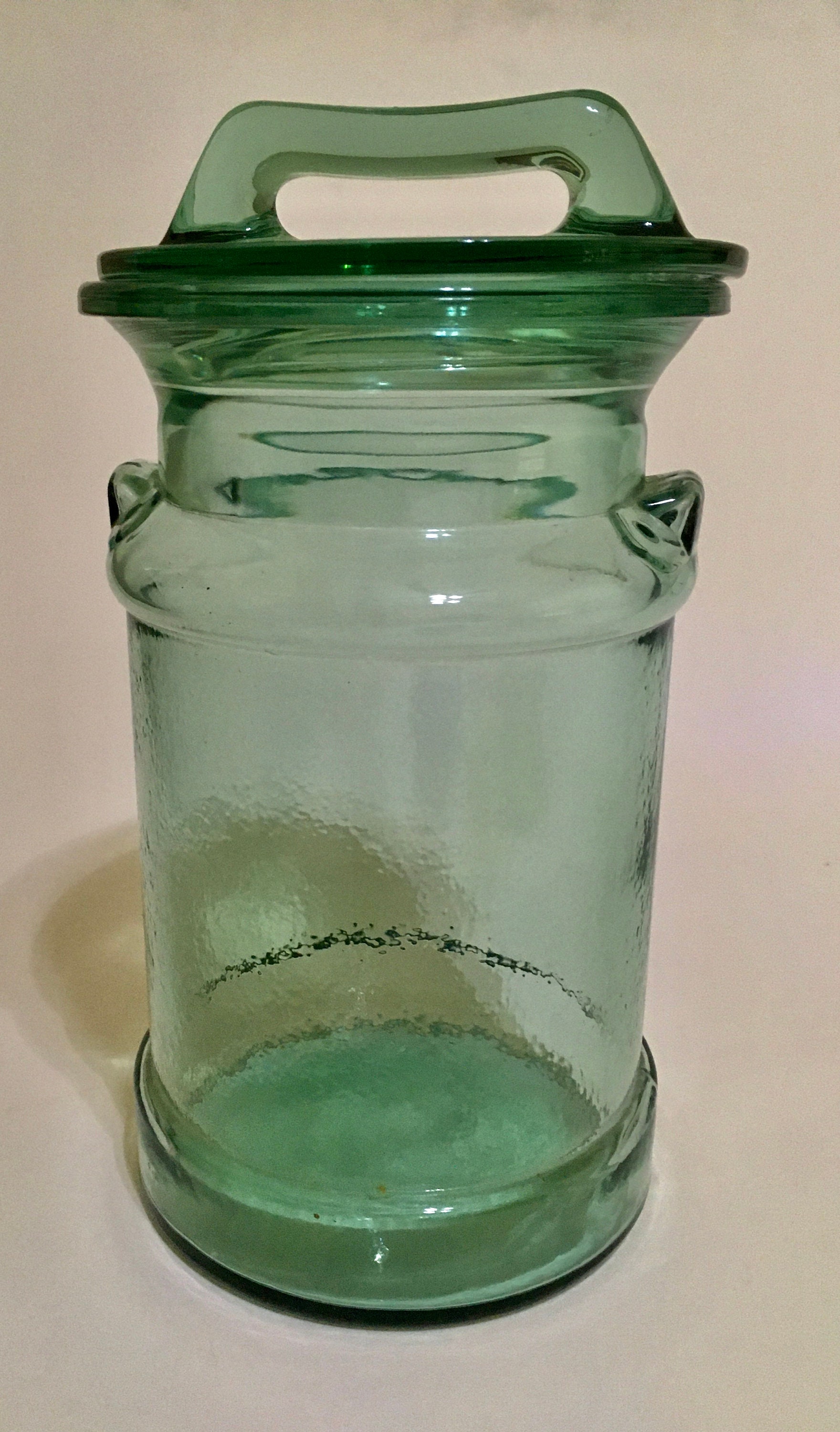 Green Glass Milk Jug Canister Apothecary Jar 10 3/4 Tall