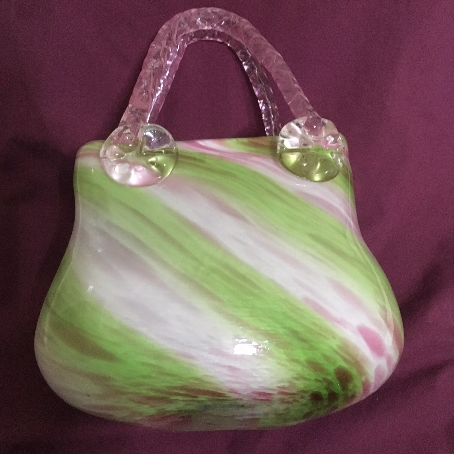 Glass Purse, Hand Blown Glass Murano or Fenton Style Studio Art Pink
