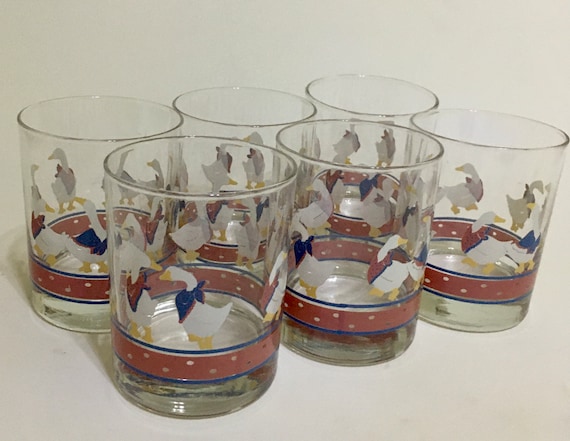 Geese with Handerchiefs 4" Tall Drinking Glasses Pink Polka Dot Band Barware Juice Whiskey Set of 6