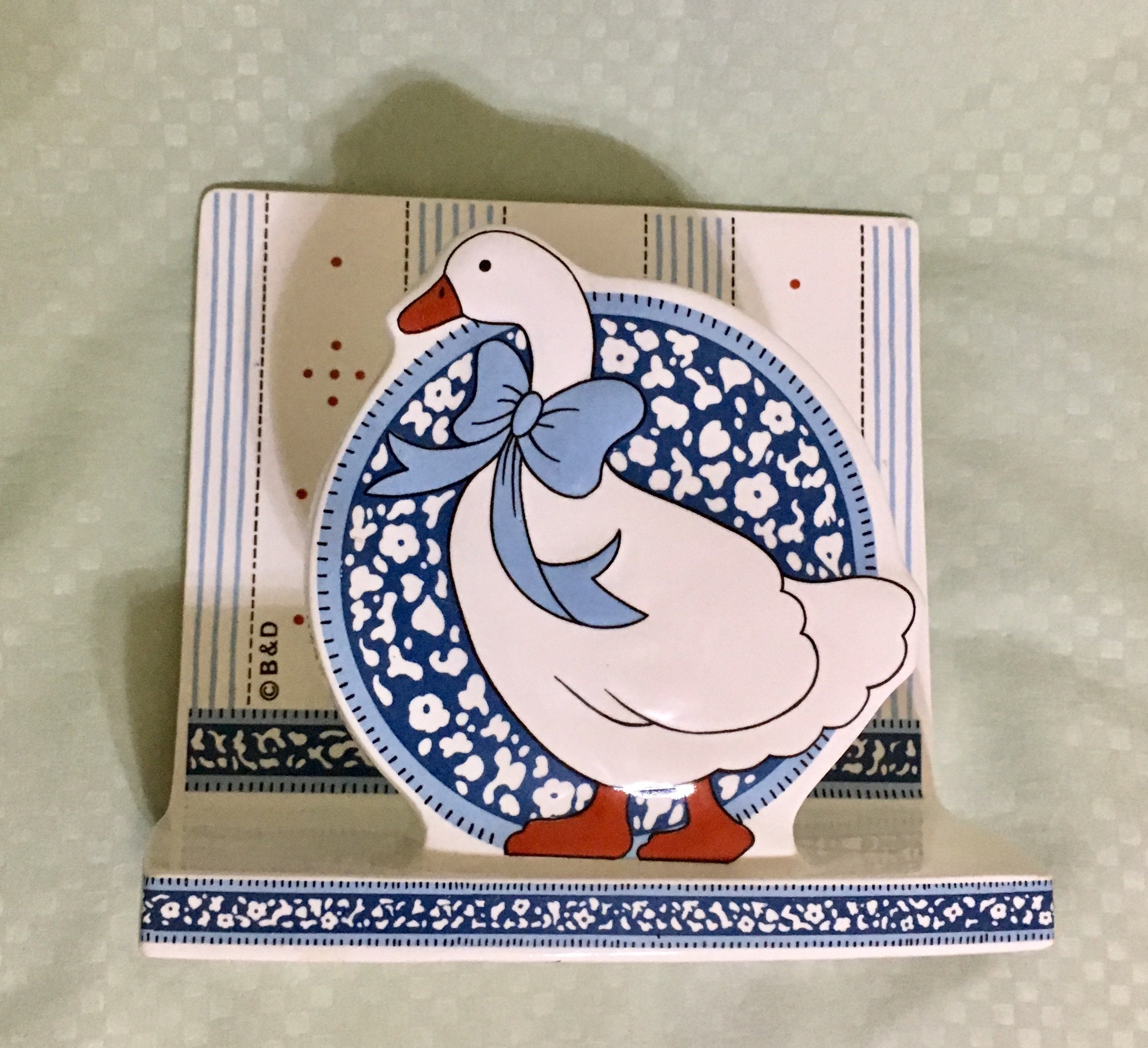 B & D Goose with Blue Ribbon Ceramic Napkin Holder