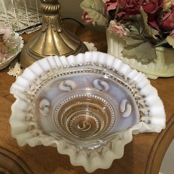 Antique 1904-1906 Jefferson Glass Light Blue Astro Pattern Opalescent Ruffled Candy Dish, Bowl