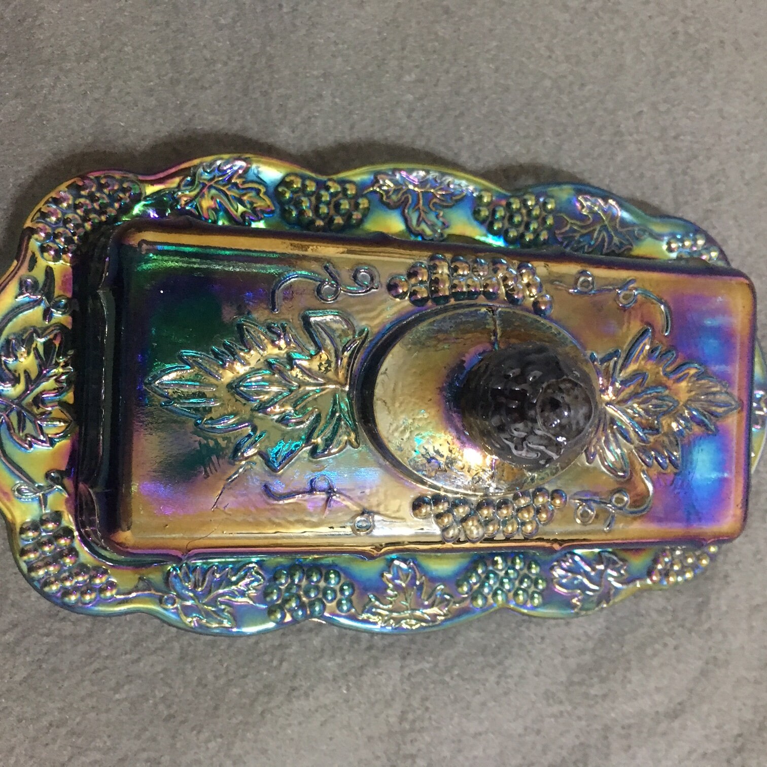 Vintage Indiana Glass Blue Harvest Grape Carnival Glass Butter Dish