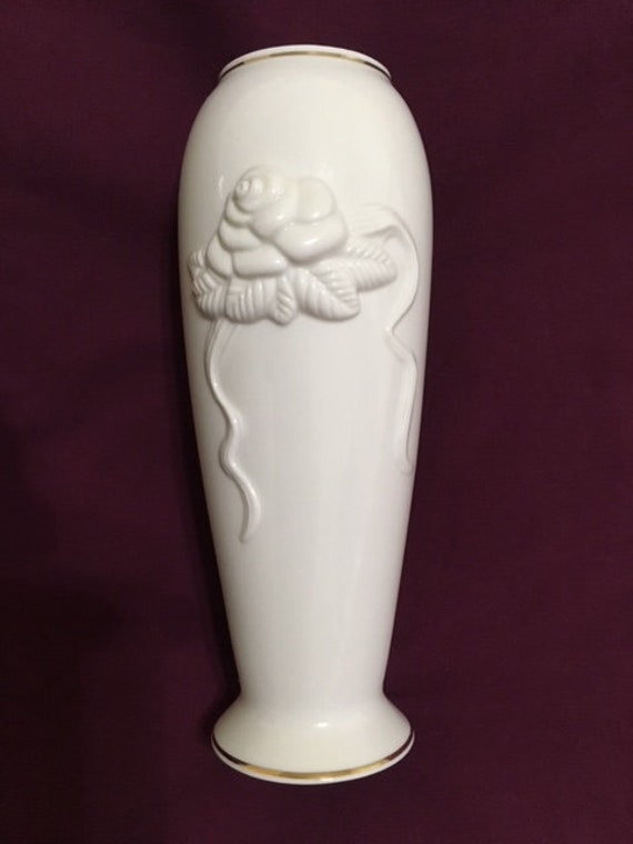 Lenox Bud Vase with Embossed Rose Pattern, Gold Trim, Ivory color