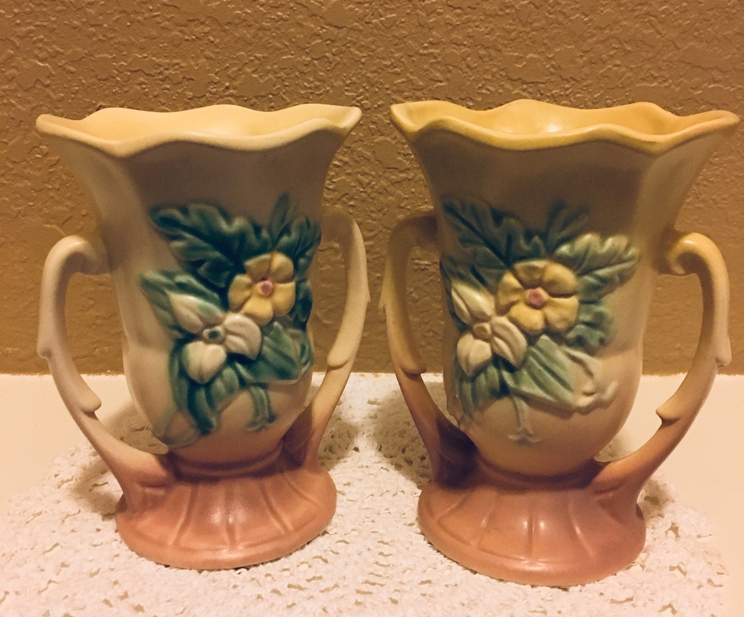 Vintage Pair of Hull Art Pottery Handled Vases W35 1/2