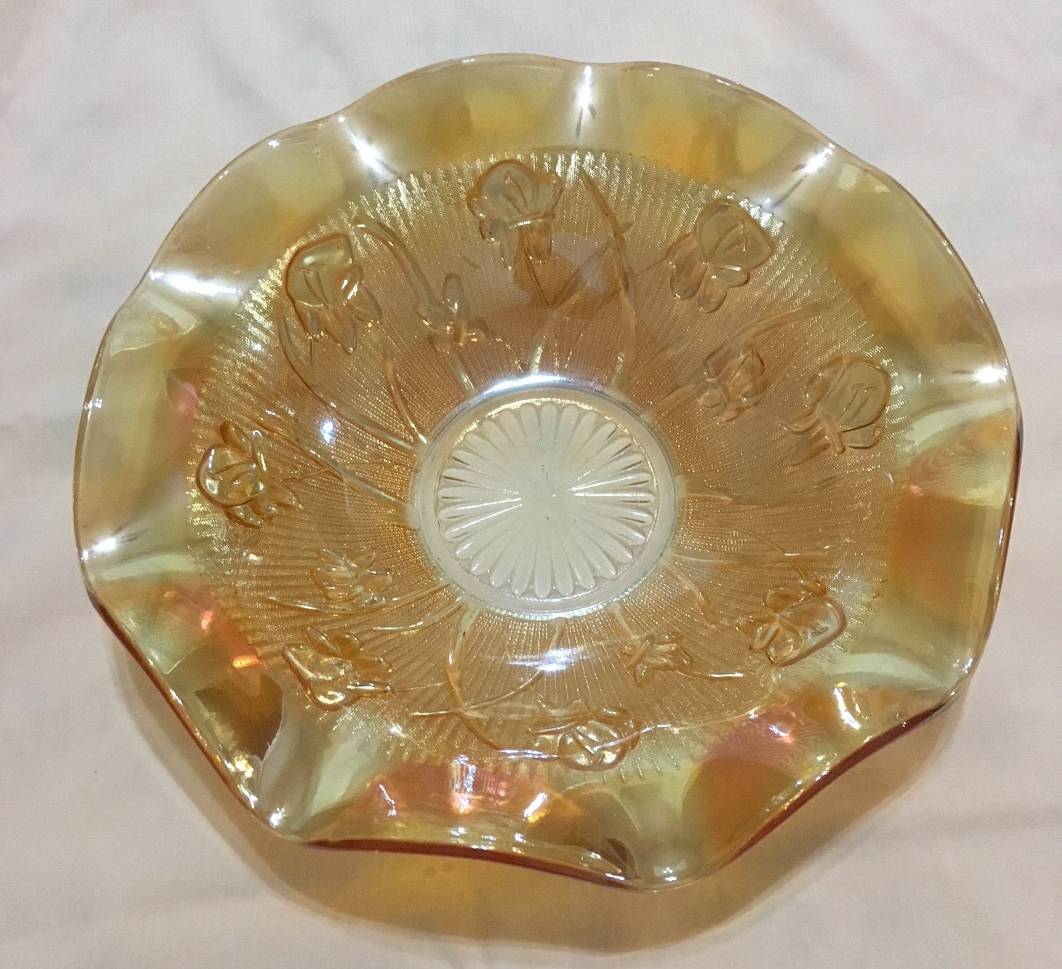 Iris & Herringbone Marigold Carnival Glass Ruffle Edge