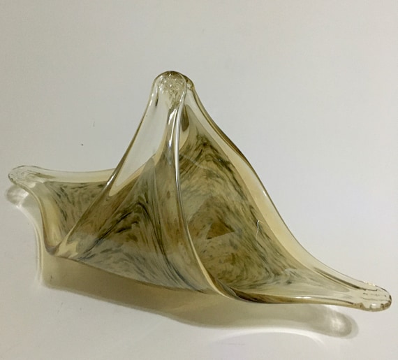 Murano Vetro Eseguito Glass Basket  Hand Crafted Gold Tint with Tan on  Smoke Brown Leopard Design 17"