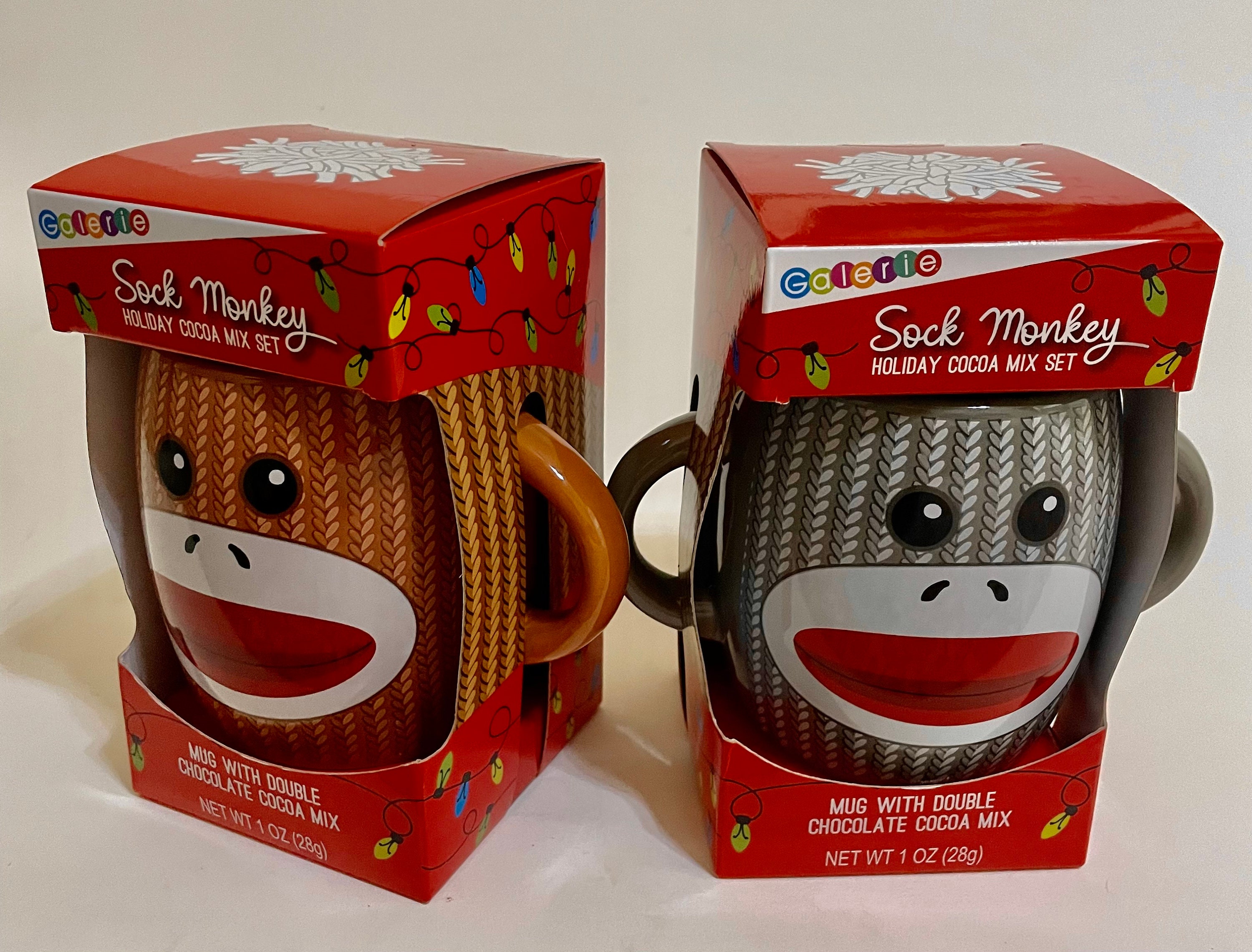 Sock Monkey Double Handled Mug Gray or Brown Option