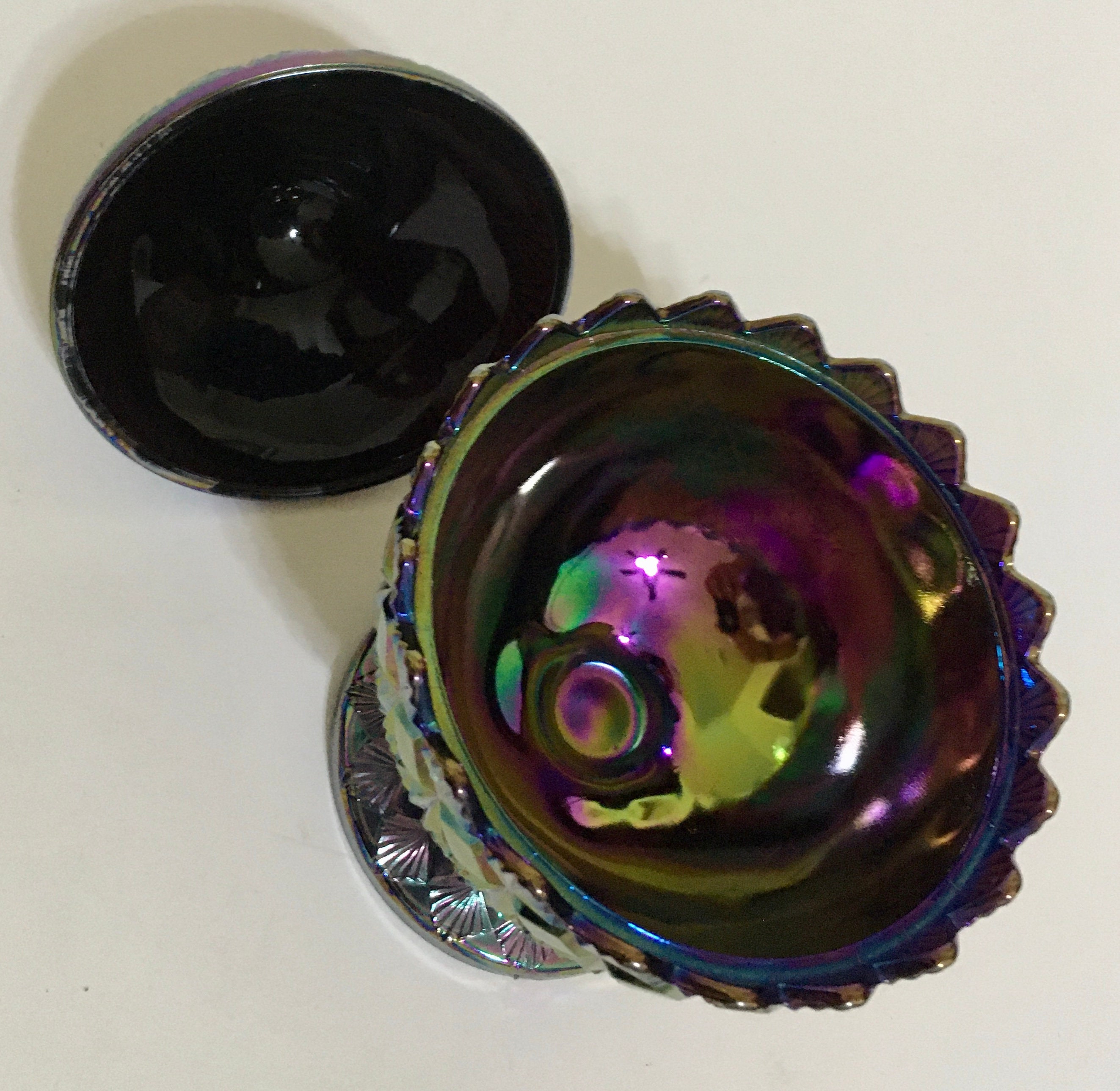 Olde Virginia Glass Amethyst Carnival Glass Candy Dish with Lid