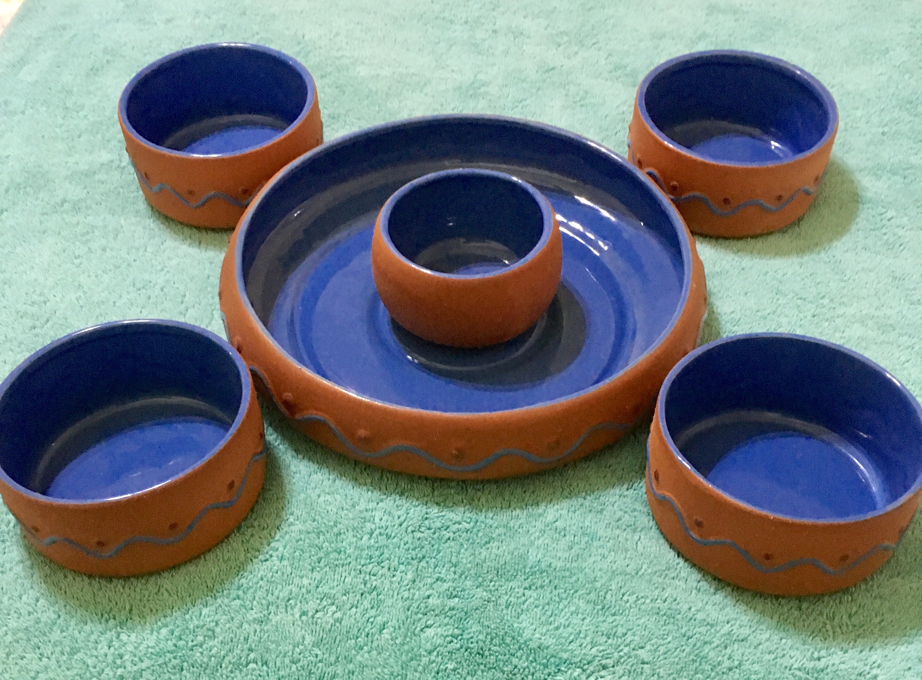 Blue and Terra Cotta Salsa and Dip Server with Four Matching Bowls