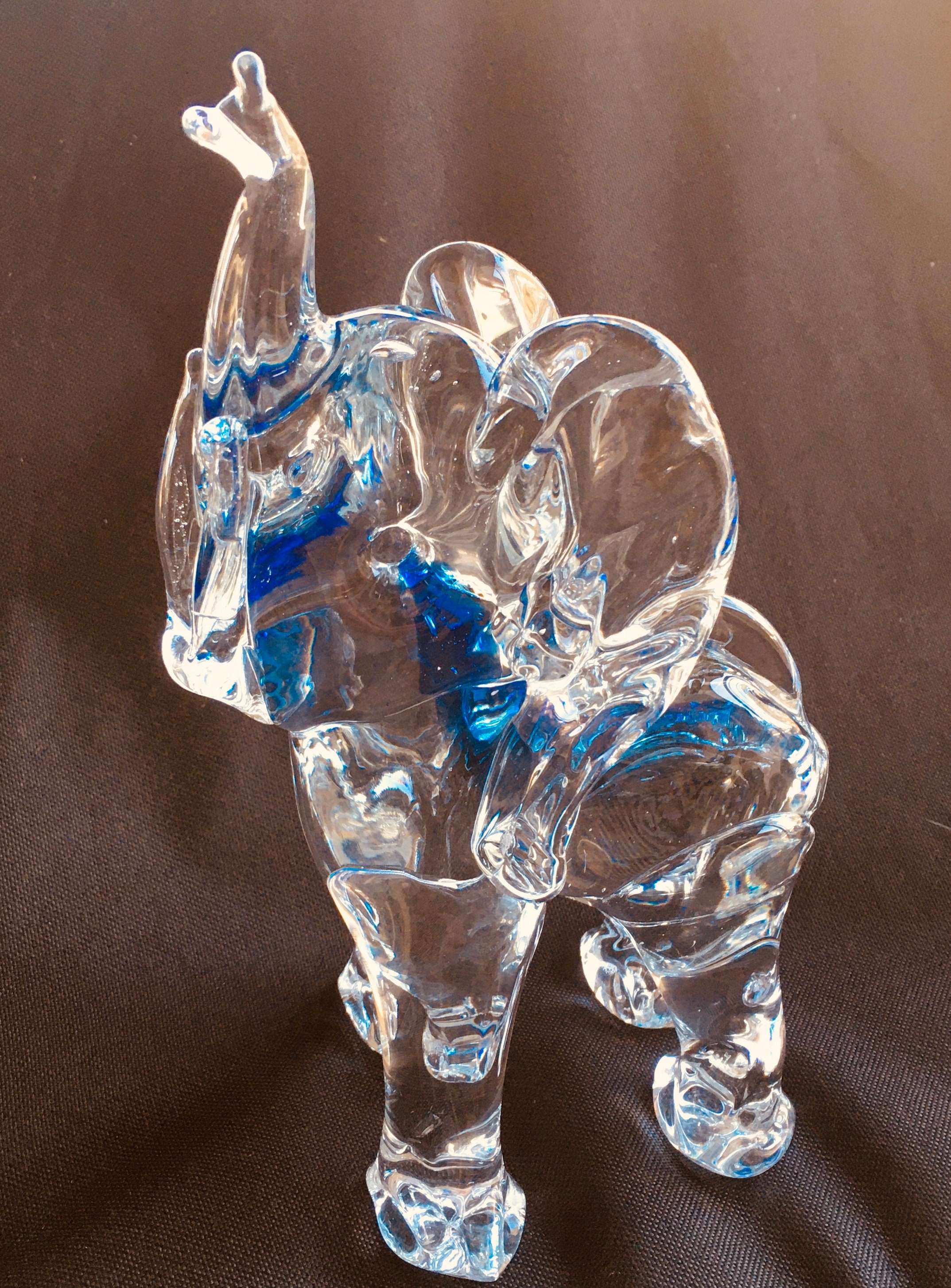Glass Infant Elephant Figurine Clear with Cobalt Blue Inside Tall at 8 1/2