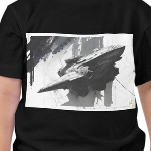 Camisa B/W de nave espacial para niños pequeños, niño pequeño, camisa meta, ropa al aire libre, robot, camisa mecanoide, nave espacial, cyberpunk, camisa de nave espacial B/W