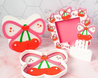 Cherry Bow Desk Set Office Organizer Pink Bow Accessory Kawaii Stationery Supply Pen Holder Cute Theme Decoration Gift