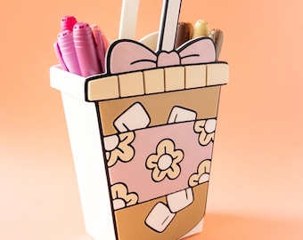 Coffee Cup Organizer Desk Accessory Pink Latte Holder Office Floral Design Kawaii Desk Decor Stationery Pen Holder Biodegradable Material