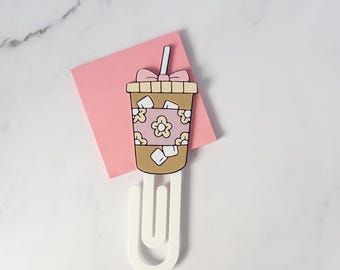 Coffee Cup Bookmark Clip Planner Page Marker Paperclip Journal Reading Accessory Gift Idea Cute Design Floral Pattern Pink Bow Theme