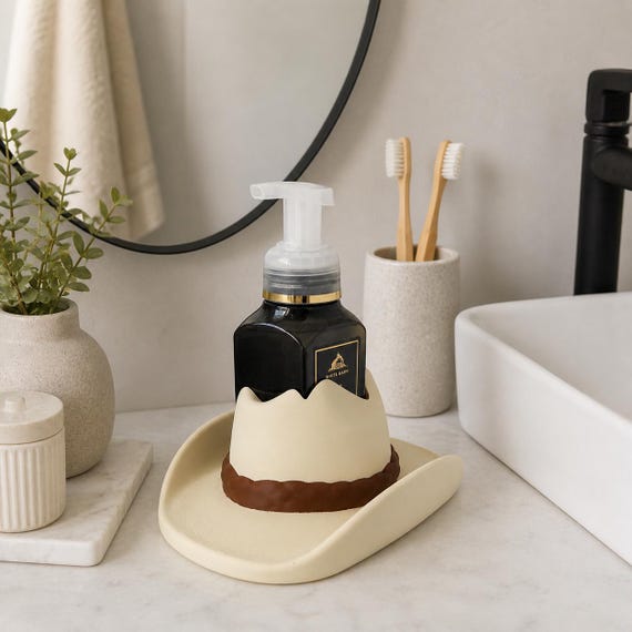 Western Bathroom Decor Cowboy Hat Foaming Soap Holder Stand Farmhouse Kitchen Countertop Organizer Ranch Style Home Accessory Novelty Gift