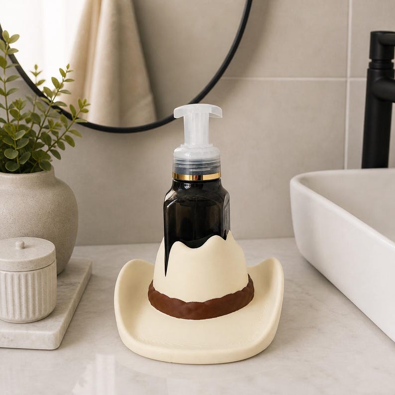 Cowboy Hat Novelty Soap Holder Stand Kitchen Bathroom Countertop Organizer Western Farmhouse Style Ranch Home Accessory Foaming Dispenser Bottle Storage Cream Brown Band Design Rustic Sink Area Display Functional Gift Idea Country Theme