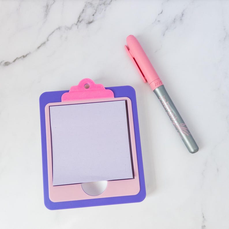 Mini Clipboard Holder Sticky Note Organizer Desktop Accessory Office Desk Organization Solution Cute Small Memo Pad Holder Pink Purple Design Sparkle Finish PLA Printed Material Colorful Office Supply Student Teacher Gift Practical Desk