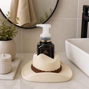 Novelty Gift Idea Cowboy Hat Foaming Soap Holder Western Ranch Style Bathroom Kitchen Countertop Organizer Farmhouse Home Accessory Stand Rustic Sink Dispenser Bottle Storage Cream Color Brown Band Country Theme Functional Display Unique