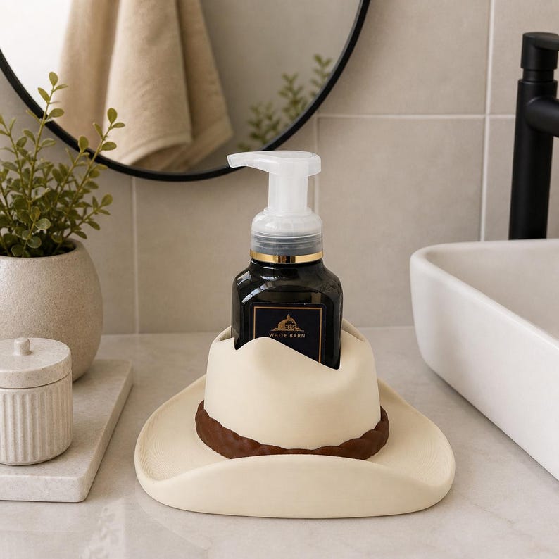 Novelty Gift Idea Cowboy Hat Foaming Soap Holder Western Ranch Style Bathroom Kitchen Countertop Organizer Farmhouse Home Accessory Stand Rustic Sink Dispenser Bottle Storage Cream Color Brown Band Country Theme Functional Display Unique