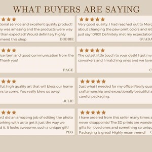 May include: A beige graphic with the text "WHAT BUYERS ARE SAYING" at the top. Below are customer reviews with star ratings, showcasing positive feedback about product quality, service, and craftsmanship.