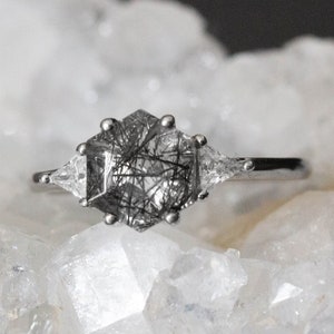 Black Rutilated Quartz Ring - white Gold - Engagement Ring - Gothic Engagement Ring- Anniversary - Birthday Gift for Her