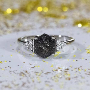 Black Rutilated Quartz Engagement Ring - 14k Solid Gold - Hexagon Cut - Gray/ Black Gemstone - Gift For Her