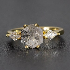 Natural Herkimer Diamond Ring - Salt and Pepper Diamond Ring -Engagement Ring - Gift for Her