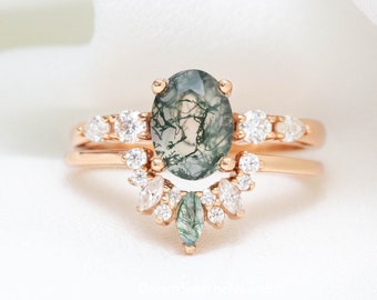 Moss Agate Ring Set - Oval Moss Engagement Ring - Green Moss Ring for Her - Promise Ring -Anniversary Gift for Her