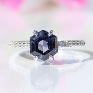 Valerie Blue Spinel Ring - Hexagon Solitaire Ring- Moody Blue Gemstone - Sterling Silver- Promise Ring - Engagement Ring - Gift for Her