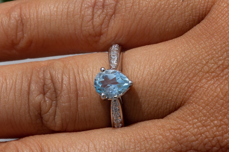 Anniversary Engagement March Birthstone Birthday Gift for Her Blue Gemstone Aquamarine Sterling Silver Ring Pear Cut