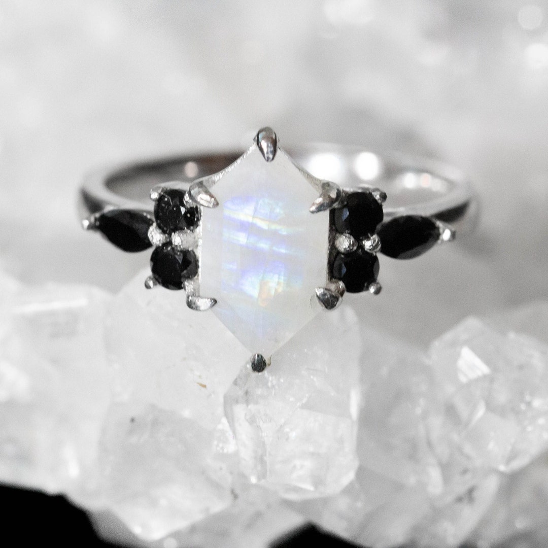Divorce Ring Hexagon Moonstone Ring Black Onyx Gemstone engagement Ring