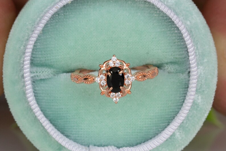 Birthday Present Anniversary Art Deco,14k Rose Gold Gothic Ring Gift For Her Black Diamond Ring,Vintage,Engagement Ring