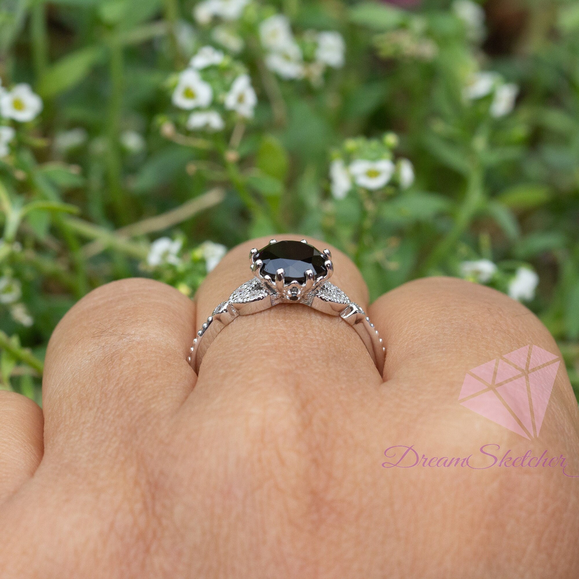 Floral Black Stone Ring Black Engagement Ring Vintage Etsy