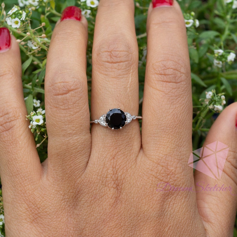 Floral Black Stone Ring Black Engagement Ring Vintage Etsy