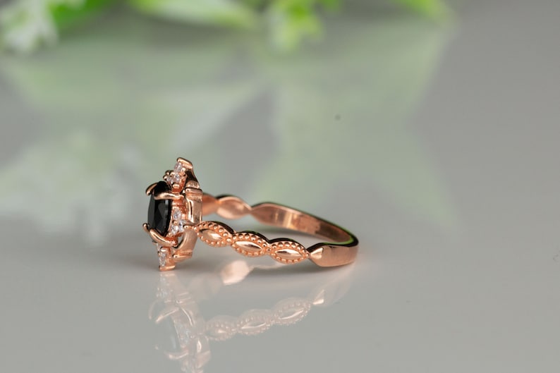 Birthday Present Anniversary Art Deco,14k Rose Gold Gothic Ring Gift For Her Black Diamond Ring,Vintage,Engagement Ring