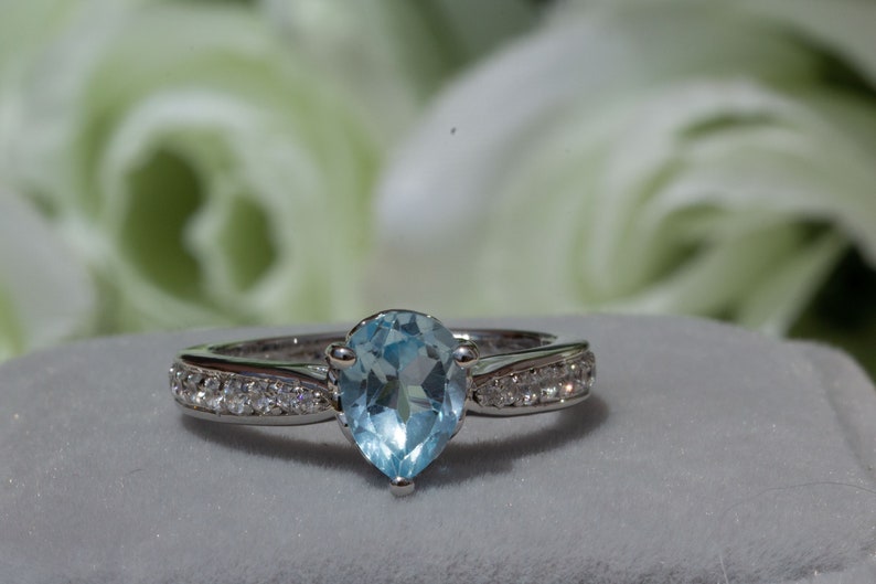 Anniversary Engagement March Birthstone Birthday Gift for Her Blue Gemstone Aquamarine Sterling Silver Ring Pear Cut