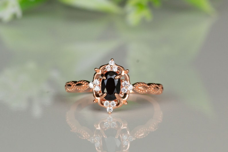 Birthday Present Anniversary Art Deco,14k Rose Gold Gothic Ring Gift For Her Black Diamond Ring,Vintage,Engagement Ring