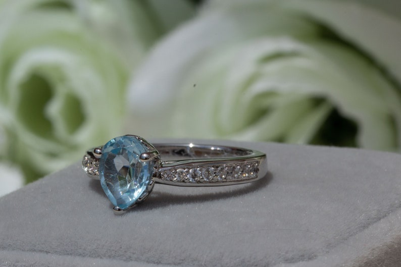 Anniversary Engagement March Birthstone Birthday Gift for Her Blue Gemstone Aquamarine Sterling Silver Ring Pear Cut