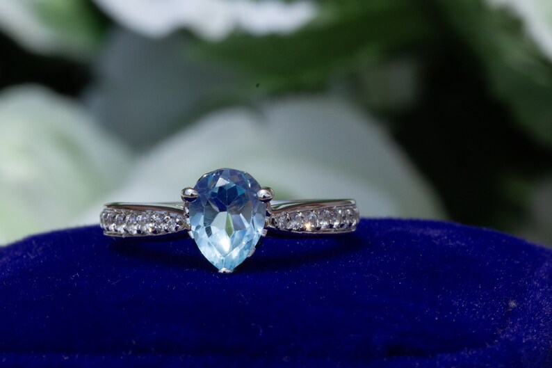 Anniversary Engagement March Birthstone Birthday Gift for Her Blue Gemstone Aquamarine Sterling Silver Ring Pear Cut