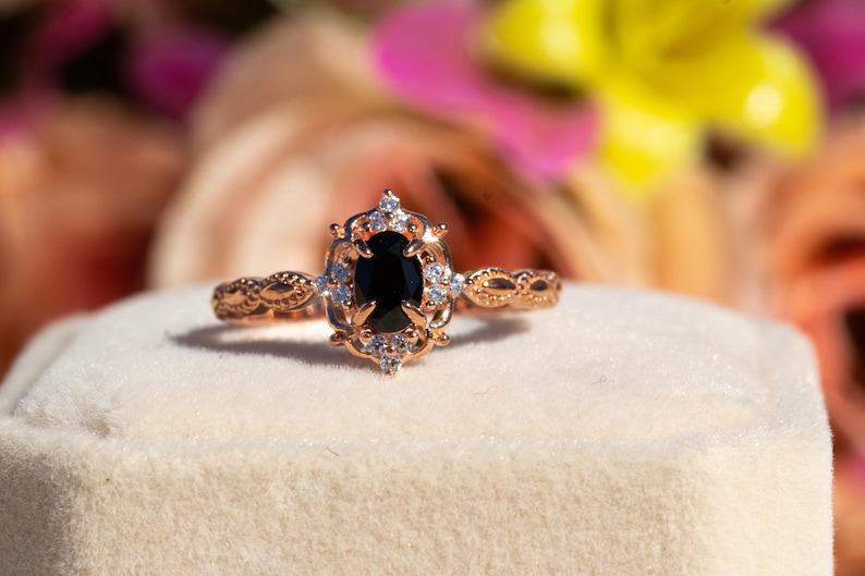 Birthday Present Anniversary Art Deco,14k Rose Gold Gothic Ring Gift For Her Black Diamond Ring,Vintage,Engagement Ring